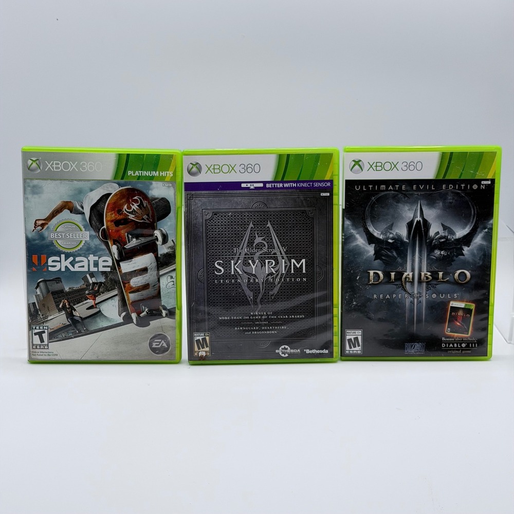 Xbox 360 3 Game Bundle Skate Skyrim Legendary Diablo III Reaper of Souls LoT